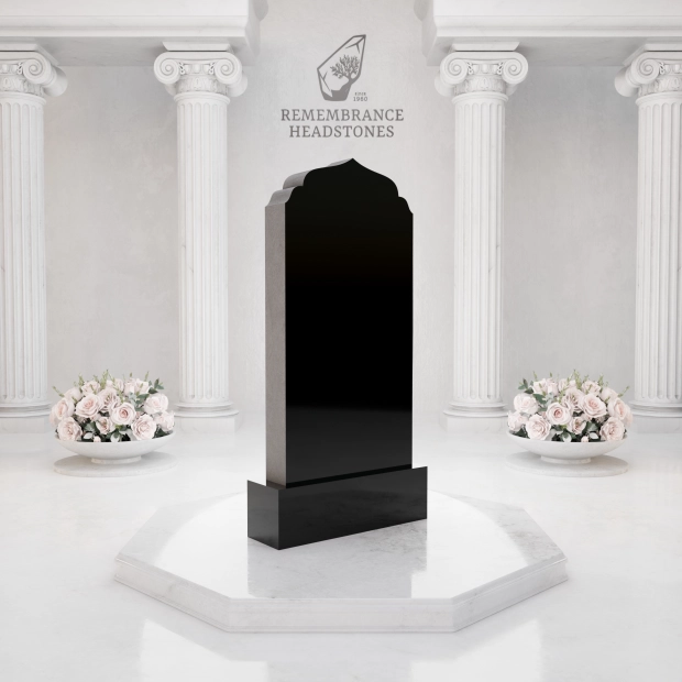 Premium Upright Granite Headstone — Mosque Relief Panel & Crescent