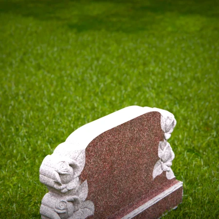 1554 - Elegant Red Granite Headstone with Dual Rose Engravings - 7