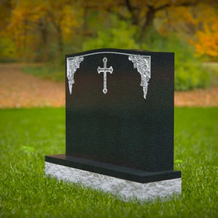 1590 - Traditional Black Granite Headstone with Engraved Cross & Floral Corners - 1