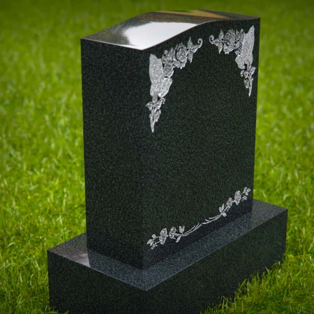 1577 - Black Granite Headstone with Floral and Butterfly Engravings - 7