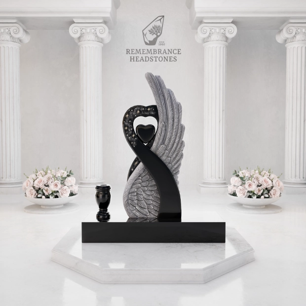Luxury Special-Shape Granite Headstone — Angel Wing & Heart with Swarovski Accents
