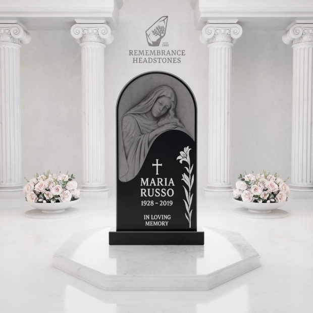 Luxury Upright Granite Monument — Arched Madonna & Dove