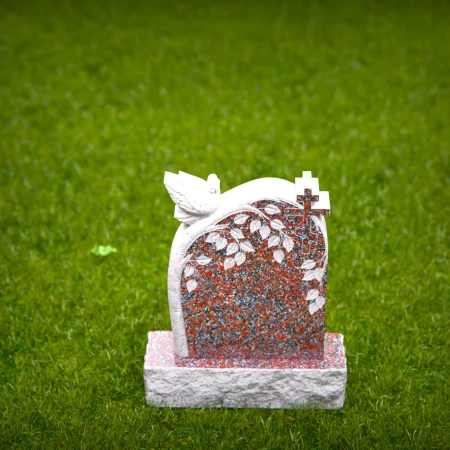 1548 - Red Granite Headstone with Dove, Cross, and Leaf Engraving - 5