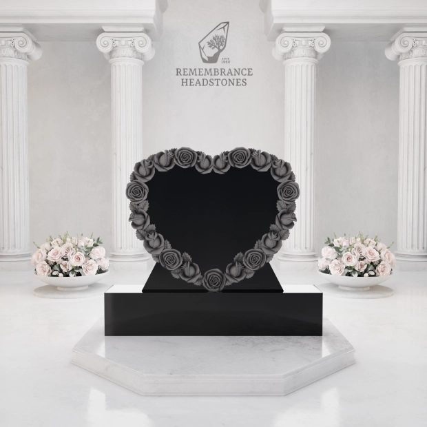Luxury Heart-Shaped Granite Headstone — Rose Wreath & Butterfly