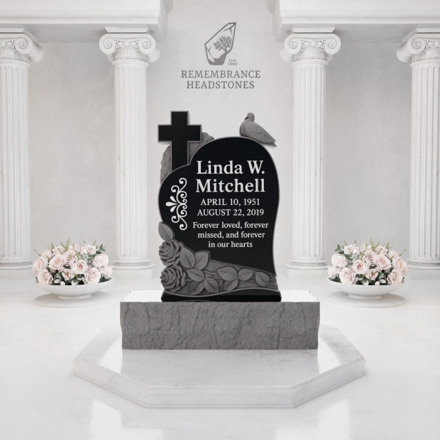  Premium Special-Shape Granite Headstone — Heart Silhouette with Cross, Dove & Roses