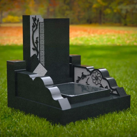 1563 - Modern Black Granite Headstone with Asian-Inspired Engraving - 3