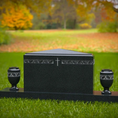 1603 - Slanted Christian Memorial Headstone with Ornate Vases