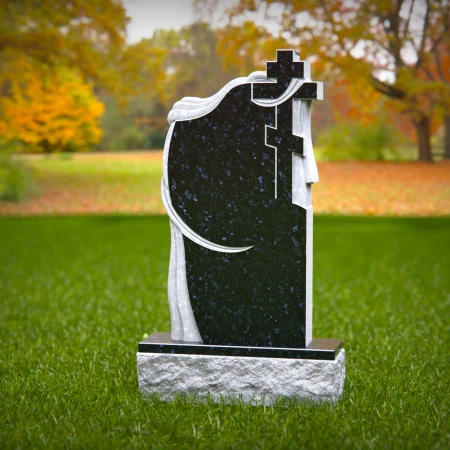 1510 - Granite Memorial Headstone with Dual Cross and Draped Design