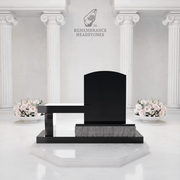 Lux Upright Headstone with Marian Emblem & Memorial Bench                                     