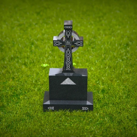 1573 - Celtic Cross Black Granite Headstone with Intricate Engravings - 4