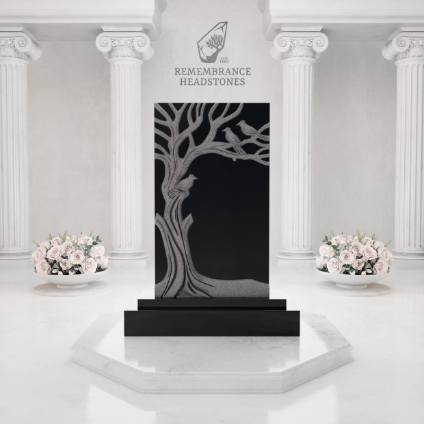 Premium Tree of Life Upright Granite Headstone with Angel & Birds