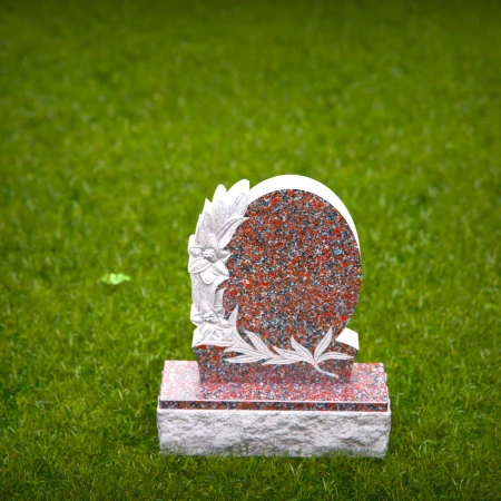 1550 - Oval Red Granite Headstone with Floral Engraving - 7