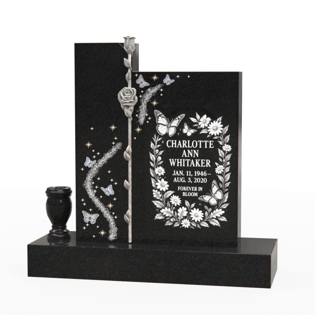 1201070 - Aufrechtes Denkmal mit eingravierten Rosen, Schmetterlingen und Swarovski-Kristall Akzenten