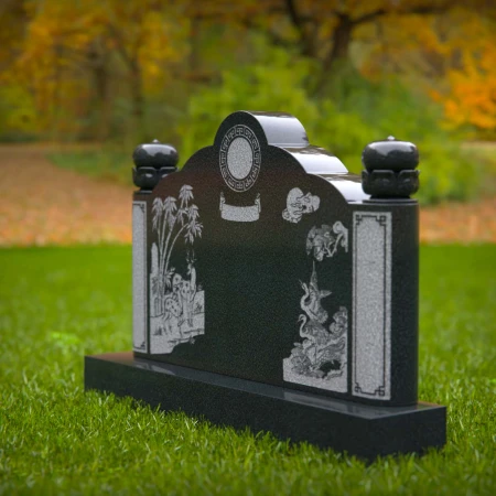 1606 - Traditional Asian-Inspired Memorial Headstone with Nature Engravings - 2