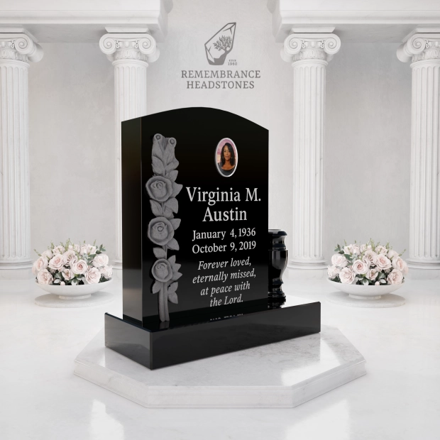  Luxury Upright Granite Headstone with Cross, Carved Roses & Vase